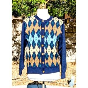 Vintage Navy Button Pinion Japan Argyle Petite Large Cardigan Top Sweater EUC